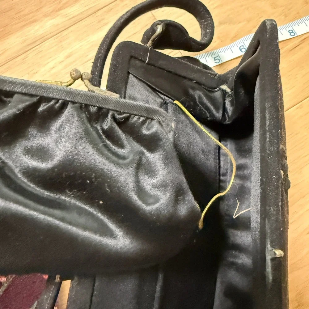 Vintage Handbag Women Small Black  Suede Art Deco Bag Attached Coin Purse